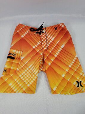 Hurley Swim Trunks Orange Plaid Lined Shorts Boy's size Small